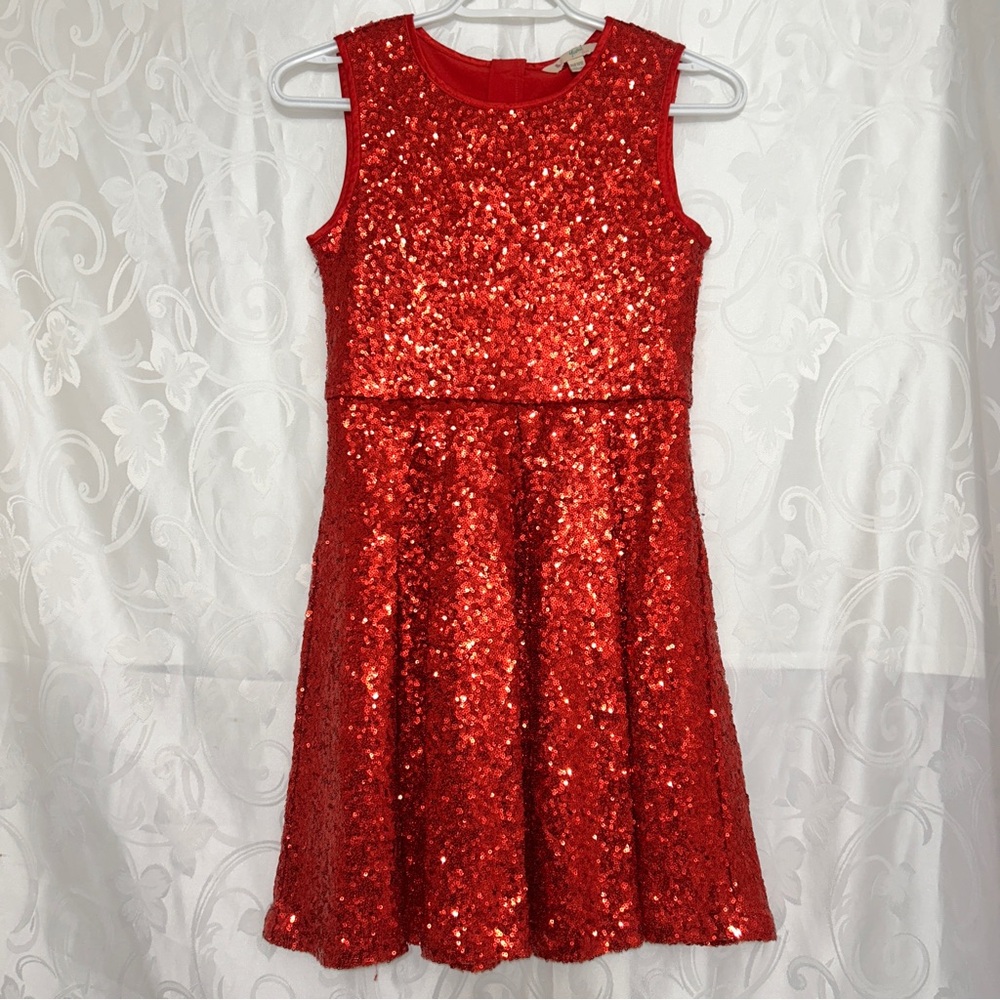 YUMI Girl Cherry Red Retro Sequins Sleeveless A-Line Mini Skater Skirt Dress